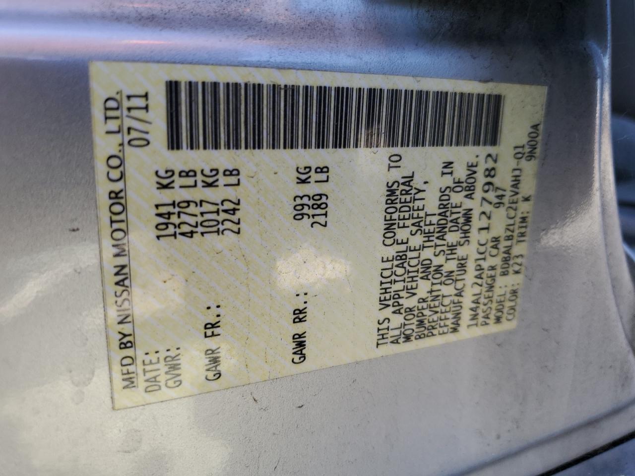 2012 Nissan Altima VIN 1N4AL2AP1CC127982 Copart auction photo, front end / rear end damage thumbnail 15