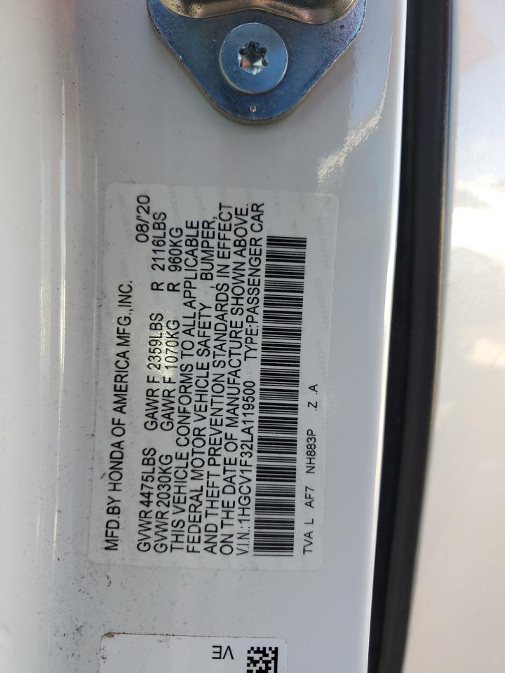 2020 Honda Accord VIN 1HGCV1F32LA119500 Copart auction photo, mechanical damage thumbnail 14