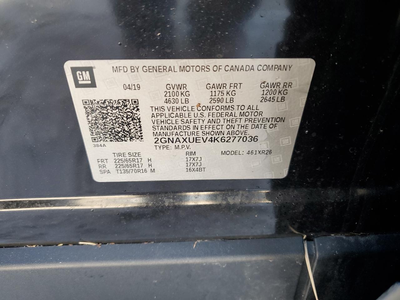 2019 Chevrolet Equinox VIN 2GNAXUEV4K6277036 Copart auction photo, water/flood damage thumbnail 14