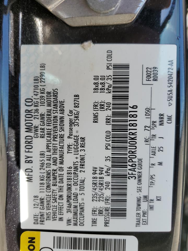 2019 Ford Fusion VIN 3FA6P0RU0KR181816 Copart auction photo, hail / all over damage thumbnail 12