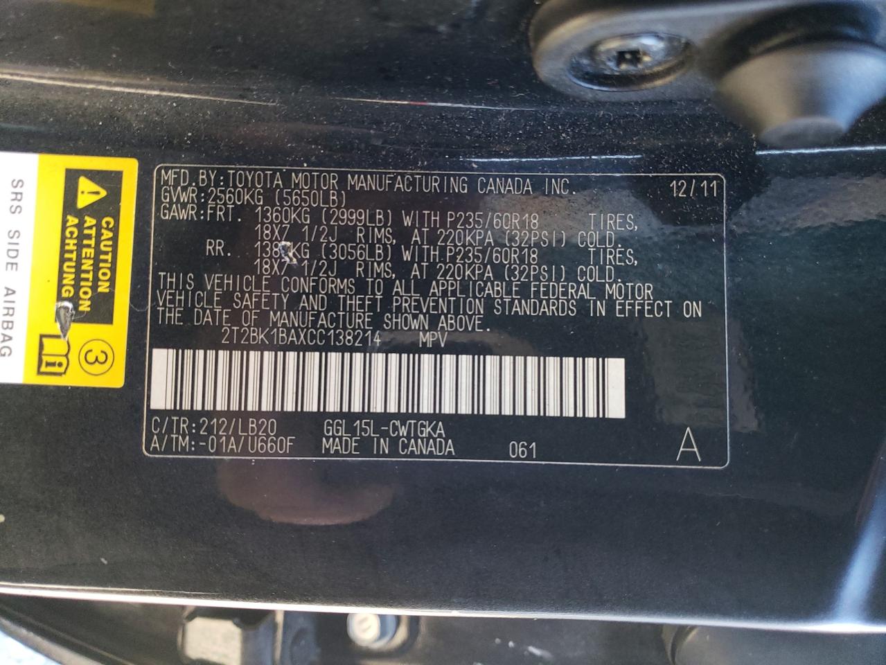 2012 Lexus RX VIN 2T2BK1BAXCC138214 Copart auction photo, front end damage thumbnail 14