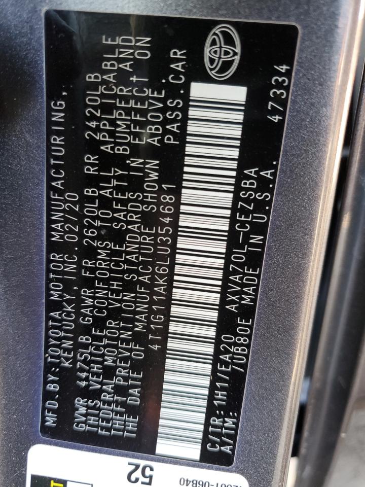 2020 Toyota Camry VIN 4T1G11AK6LU354681 Copart auction photo, all over damage thumbnail 13