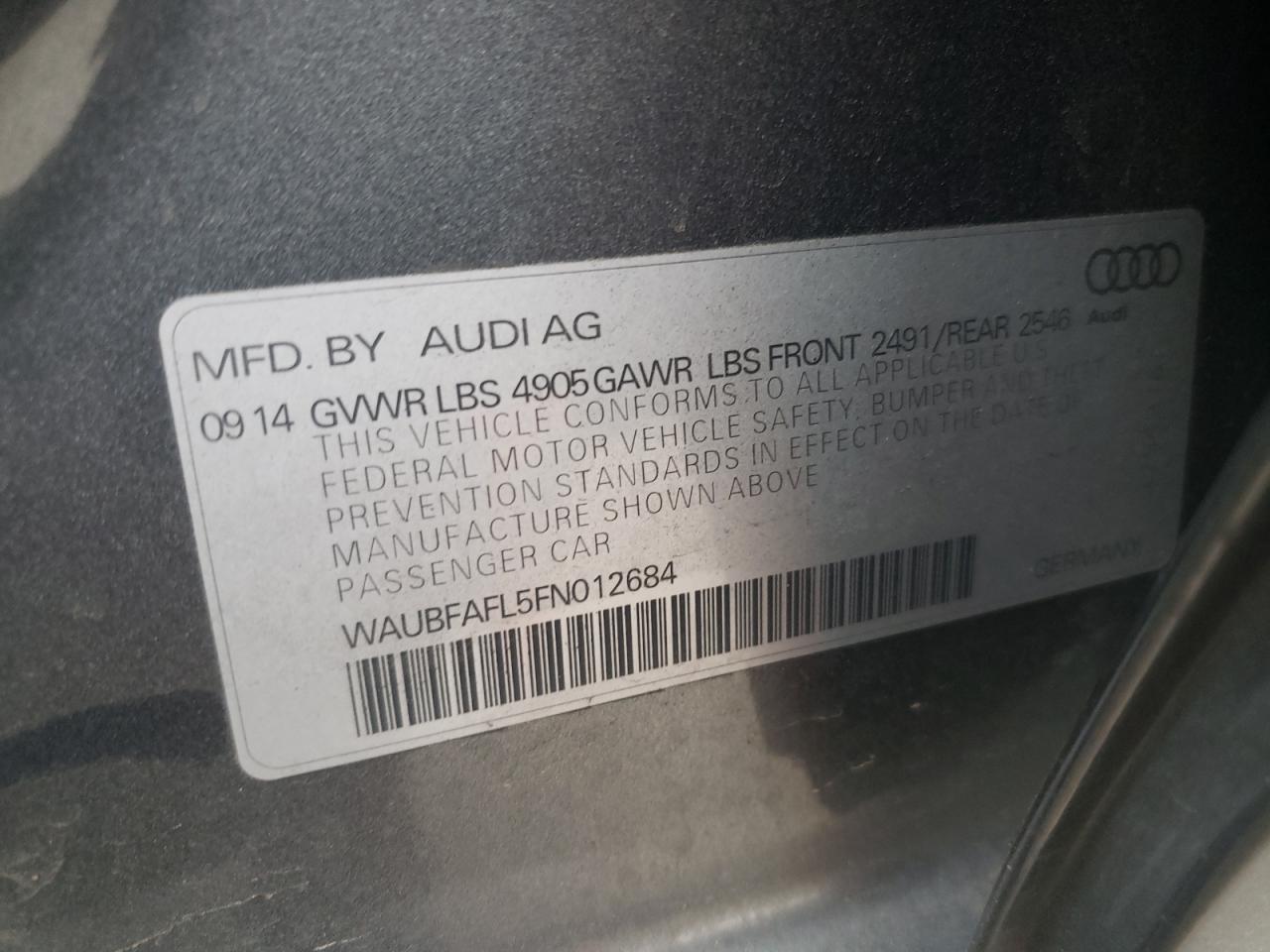 2015 Audi A4 VIN WAUBFAFL5FN012684 Copart auction photo, front end / undercarriage damage thumbnail 14