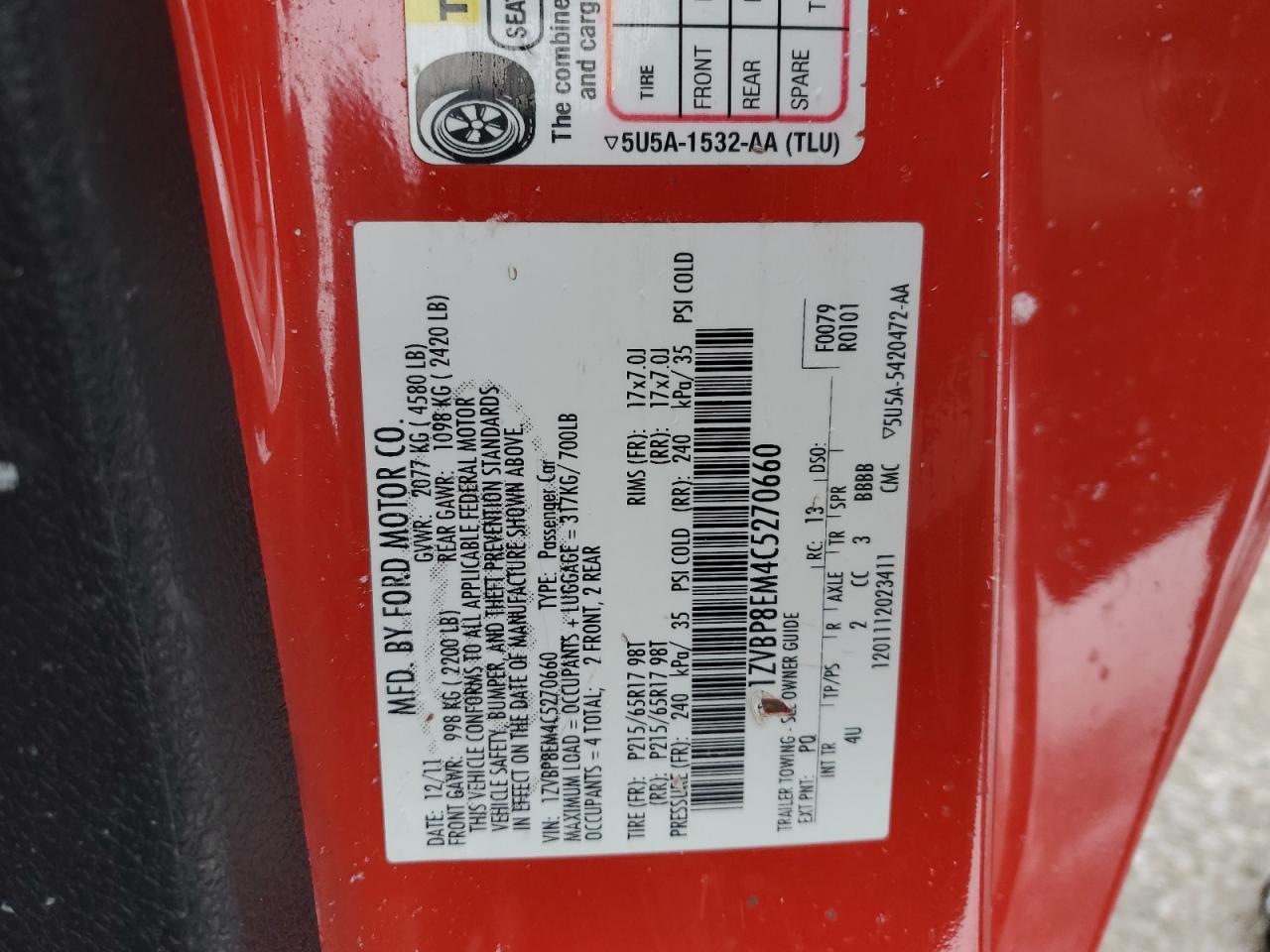 2012 Ford Mustang VIN 1ZVBP8EM4C5270660 Copart auction photo, side / front end damage thumbnail 14