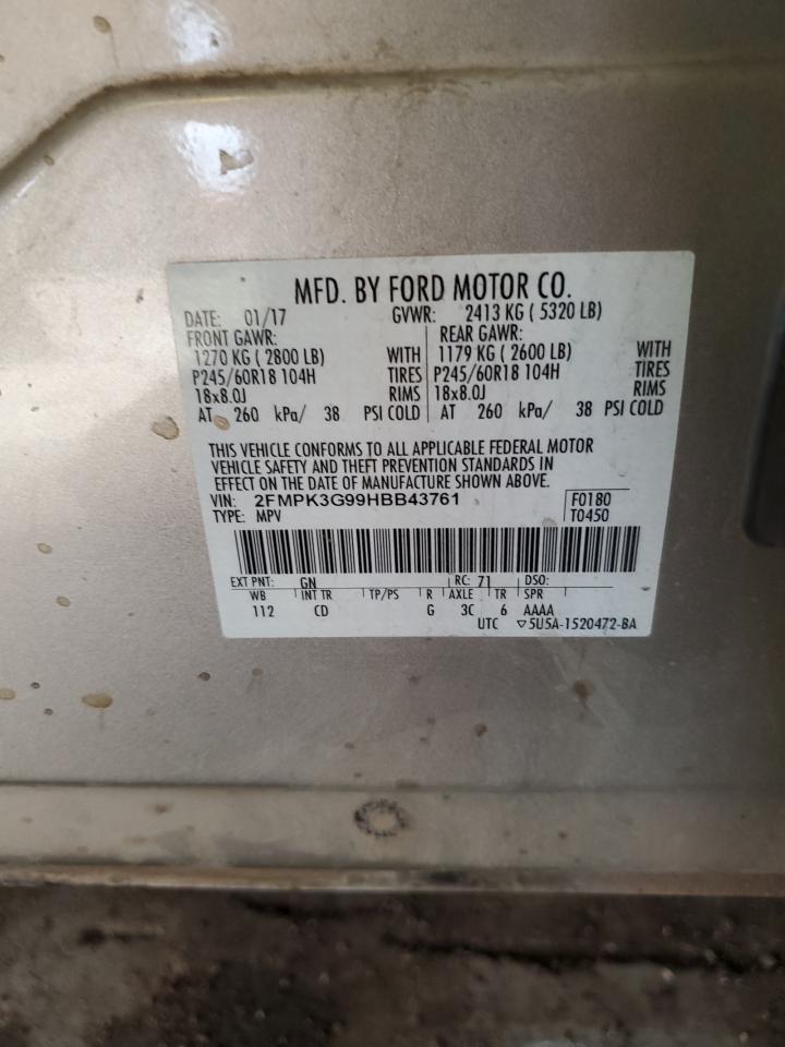 2017 Ford Edge VIN 2FMPK3G99HBB43761 Copart auction photo, front end / side damage thumbnail 13