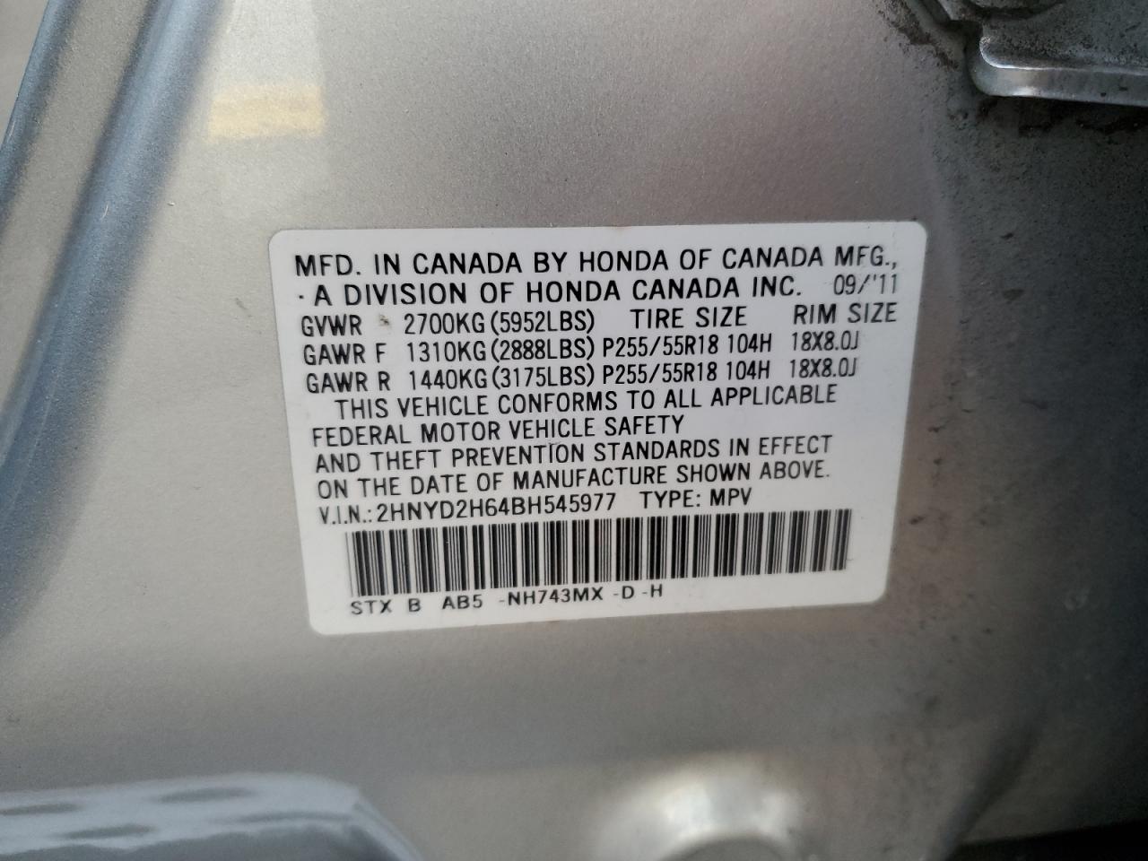 2011 Acura MDX VIN 2HNYD2H64BH545977 Copart auction photo, front end damage thumbnail 16