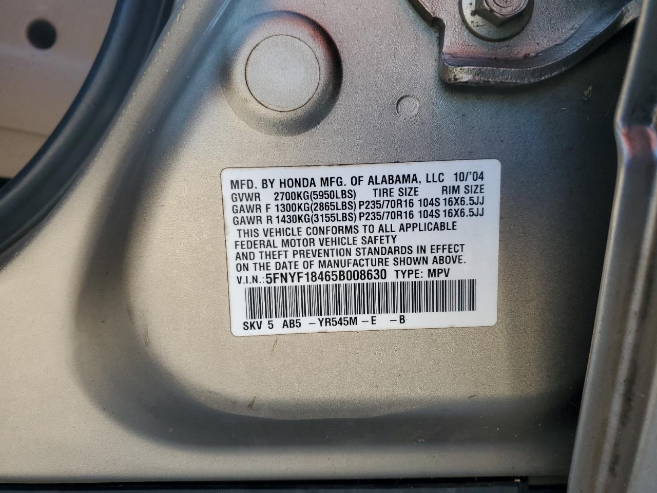 2005 Honda Pilot VIN 5FNYF18465B008630 Copart auction photo, water/flood / front end damage thumbnail 14