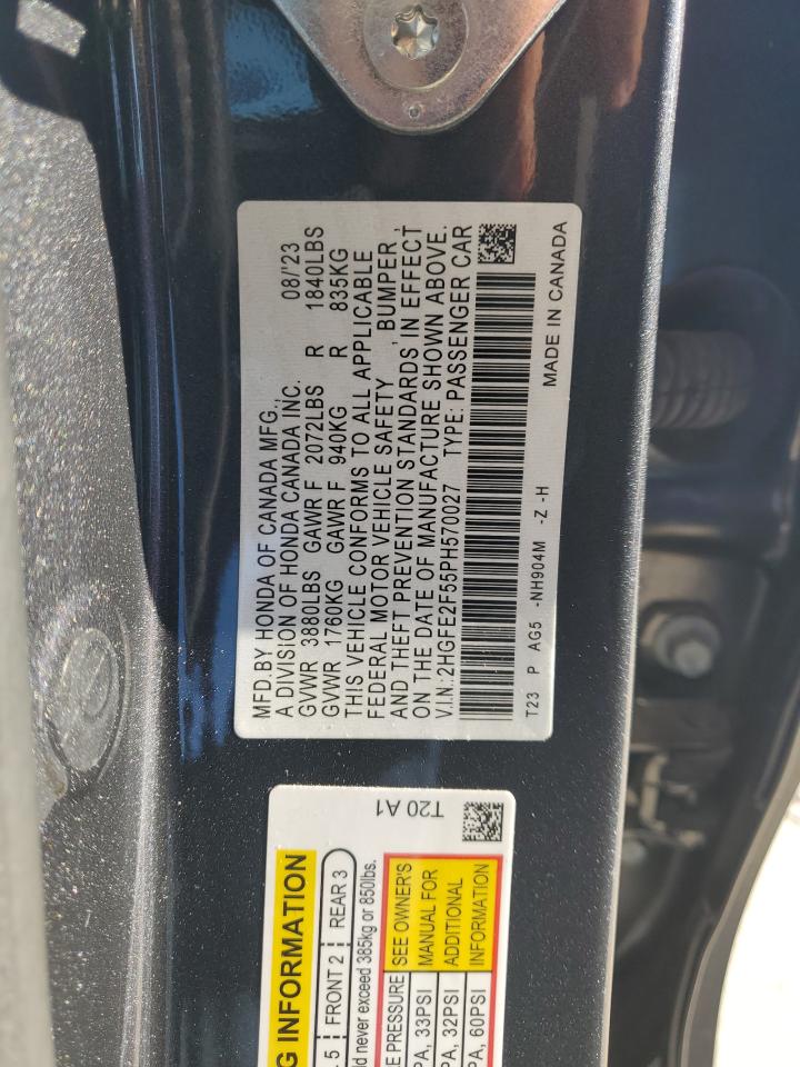 2023 Honda Civic VIN 2HGFE2F55PH570027 Copart auction photo, front end damage thumbnail 14