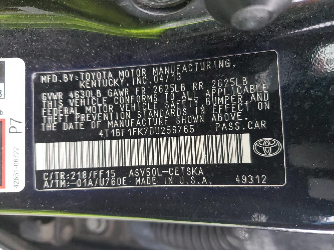 2013 Toyota Camry VIN 4T1BF1FK7DU256765 Copart auction photo, minor dent/scratches damage thumbnail 12