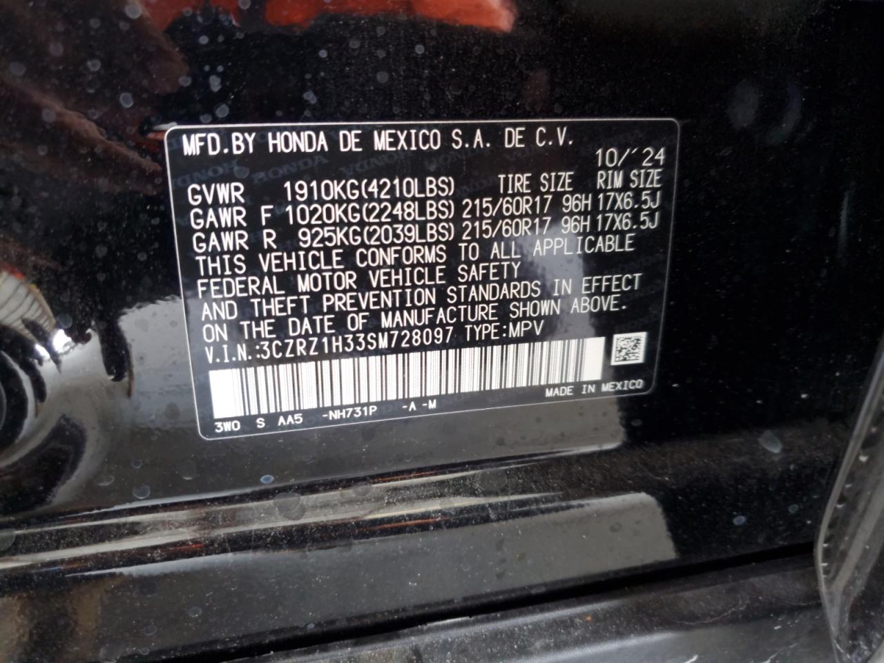 2025 Honda HR-V VIN 3CZRZ1H33SM728097 Copart auction photo, front end damage thumbnail 13