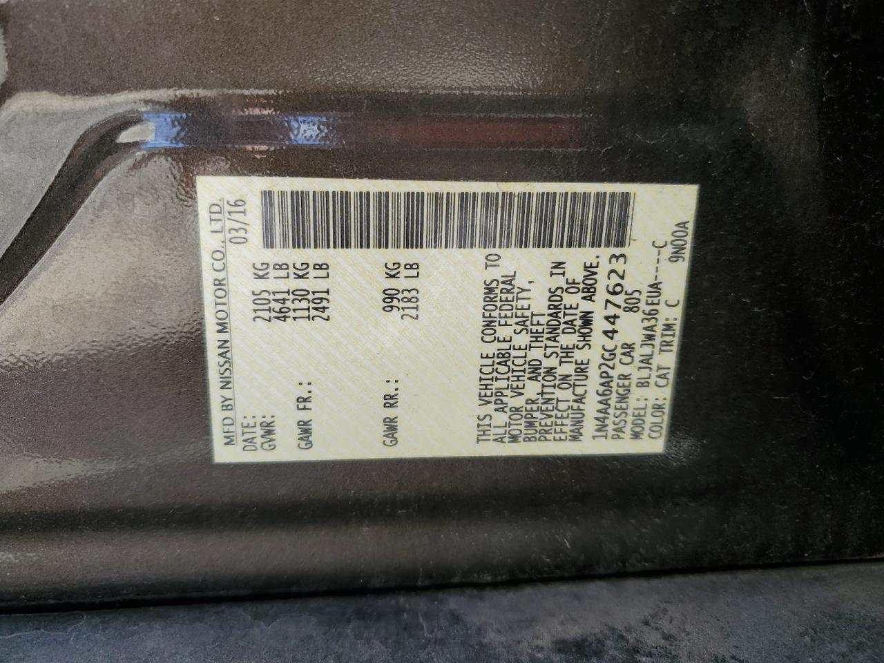 2016 Nissan Maxima VIN 1N4AA6AP2GC447623 Copart auction photo, front end / rear end damage thumbnail 14