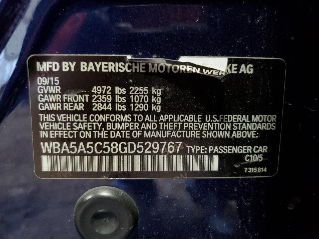 2016 BMW 5er VIN WBA5A5C58GD529767 Copart auction photo, front end / rear end damage thumbnail 13