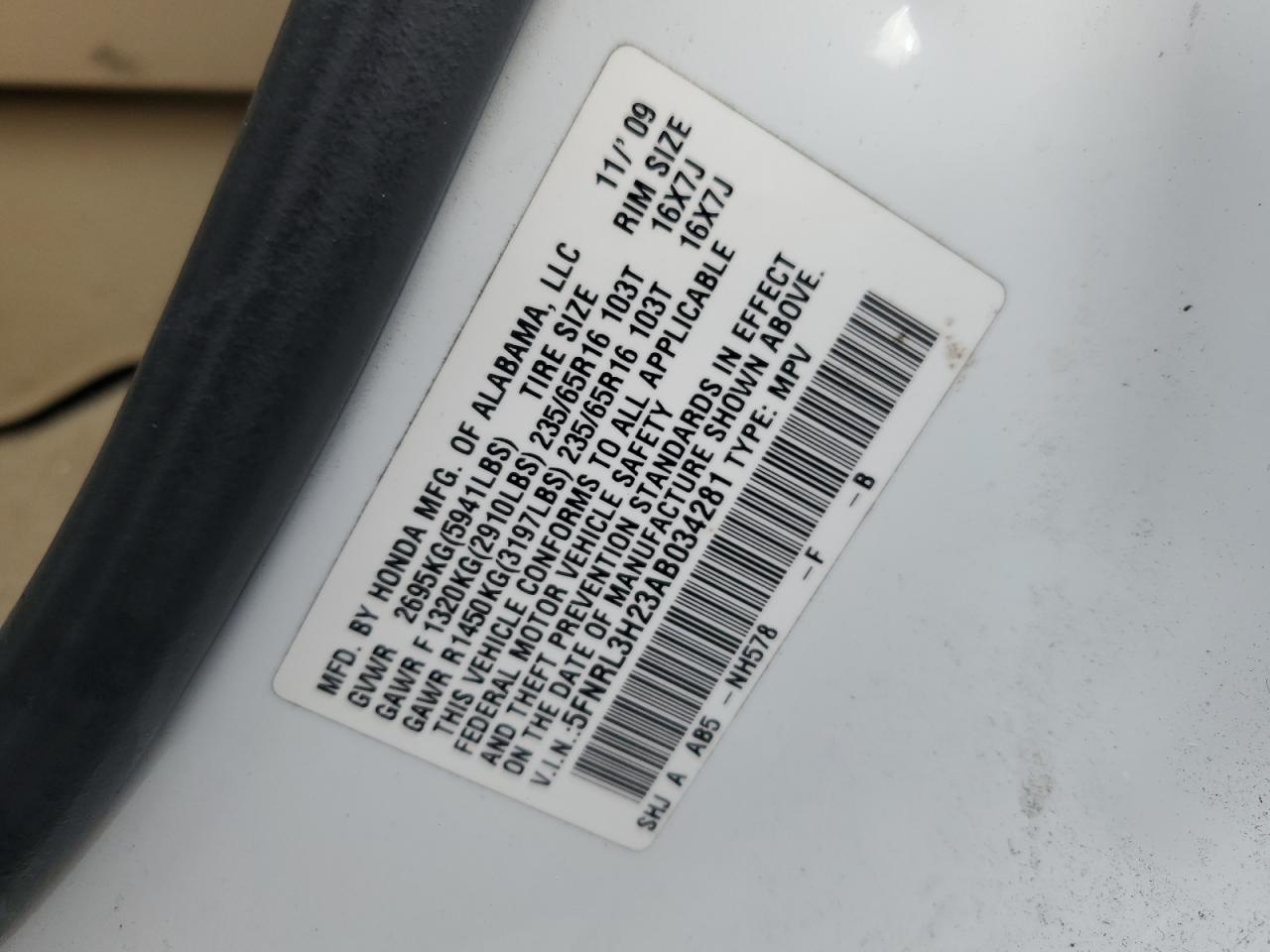 2010 Honda Odyssey VIN 5FNRL3H23AB034281 Copart auction photo, front end damage thumbnail 13
