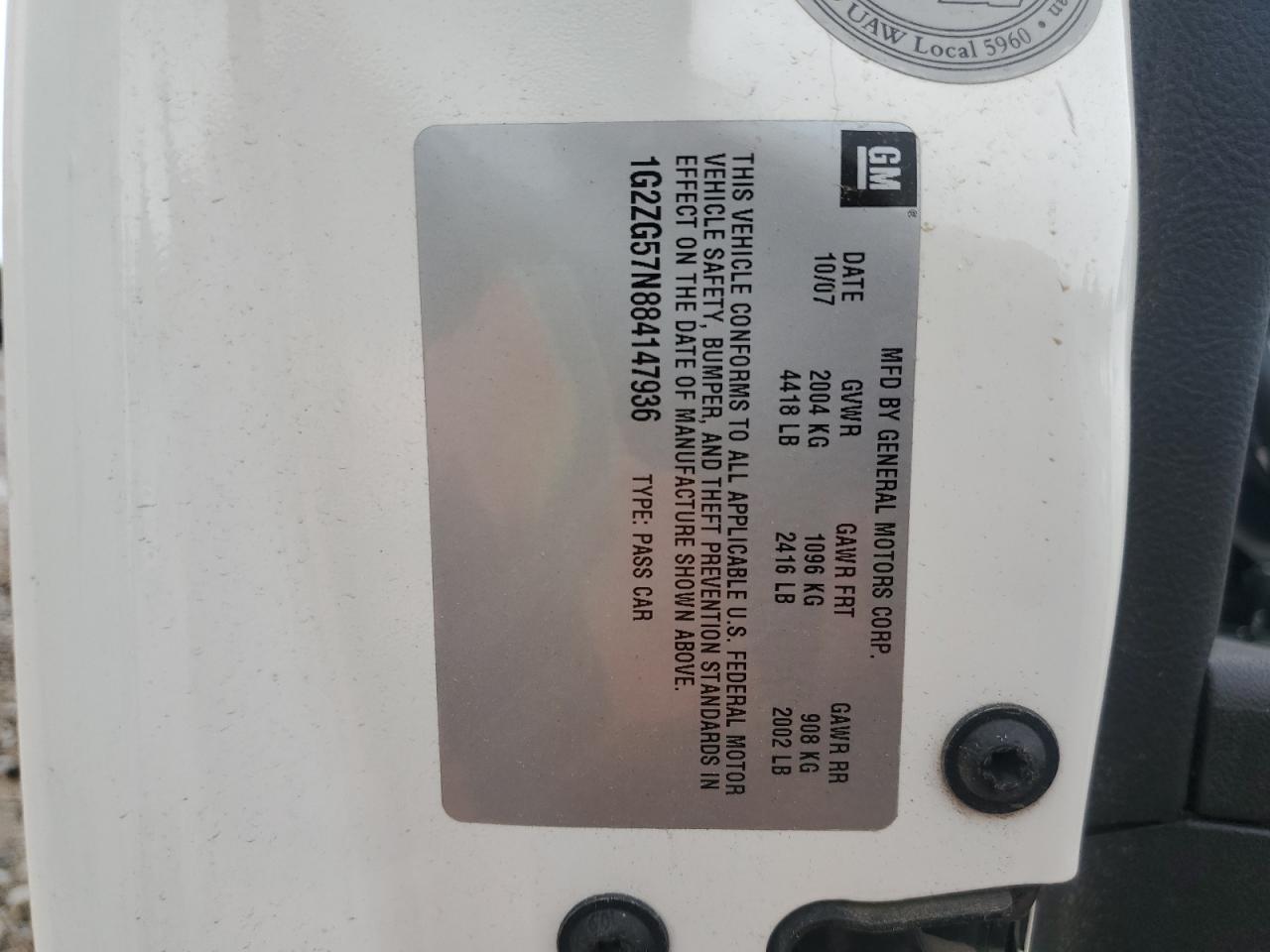 2008 Pontiac G6 VIN 1G2ZG57N884147936 Copart auction photo, all over damage thumbnail 13