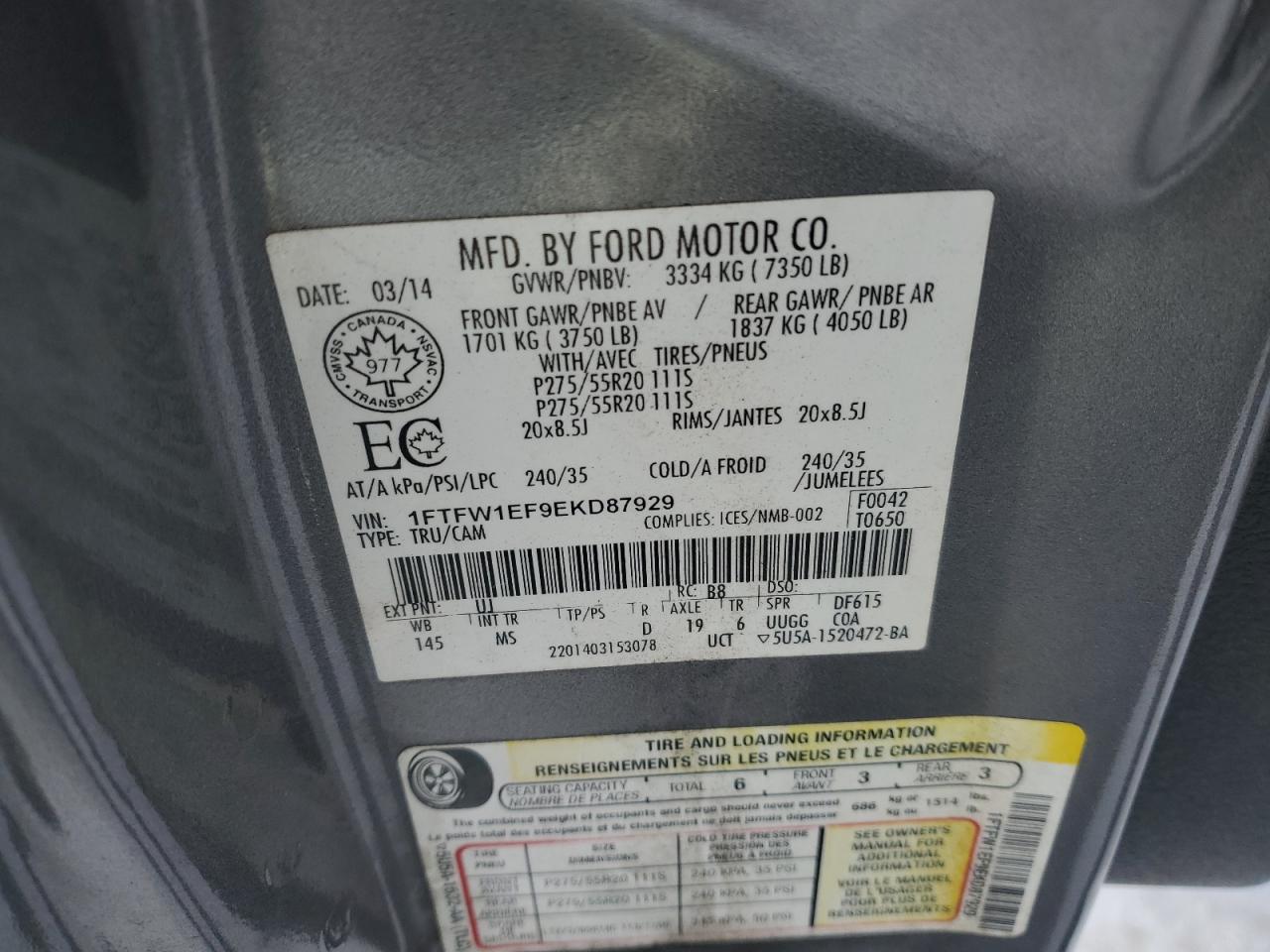 2014 Ford F-150 VIN 1FTFW1EF9EKD87929 Copart auction photo, front end / undercarriage damage thumbnail 12