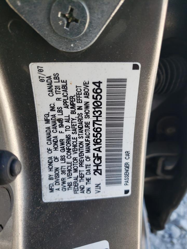 2007 Honda Civic VIN 2HGFA16567H310564 Copart auction photo, all over damage thumbnail 12