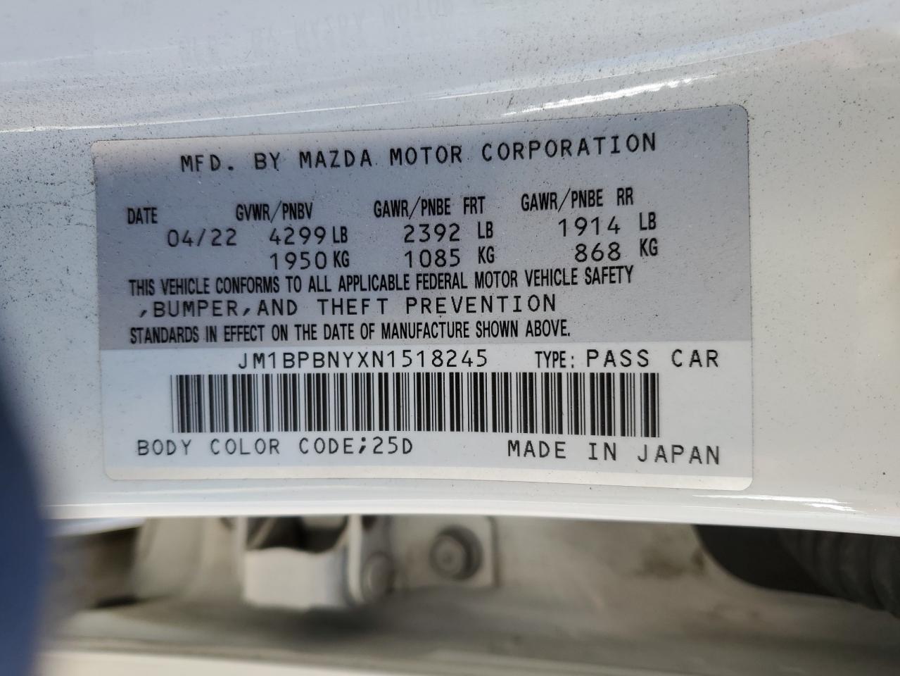 2022 Mazda 3 VIN JM1BPBNYXN1518245 Copart auction photo, rear end / side damage thumbnail 15