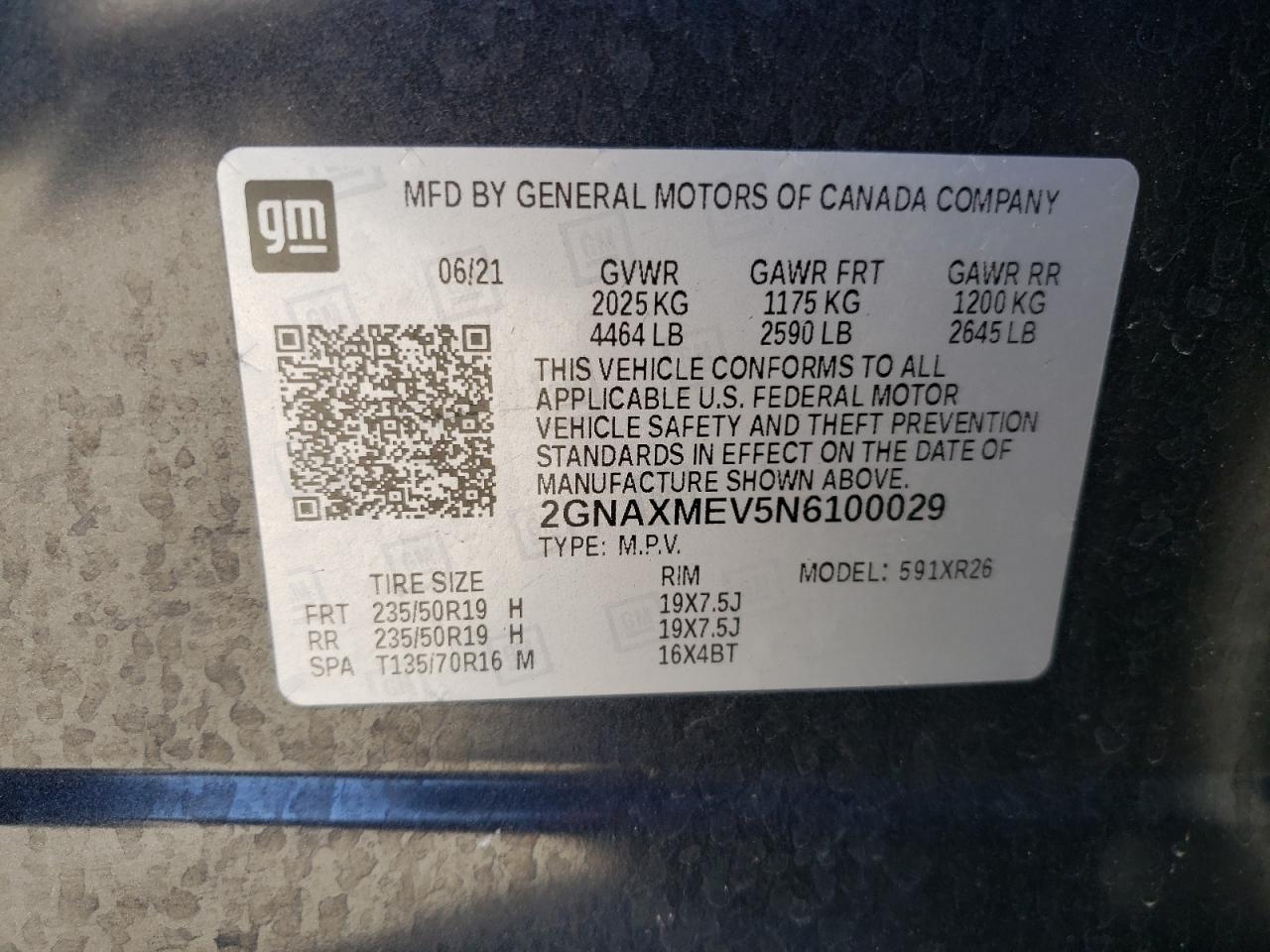 2022 Chevrolet Equinox VIN 2GNAXMEV5N6100029 Copart auction photo, all over / frame damage damage thumbnail 13