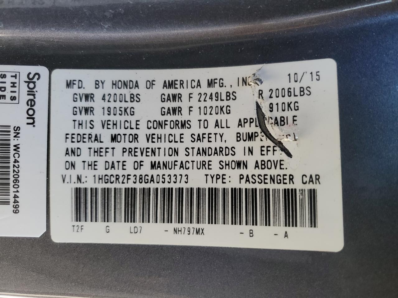 2016 Honda Accord VIN 1HGCR2F38GA053373 Copart auction photo, side / minor dent/scratches damage thumbnail 12