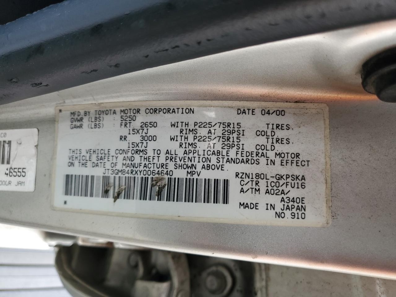 2000 Toyota 4Runner VIN JT3GM84RXY0064640 Copart auction photo, front end / side damage thumbnail 15