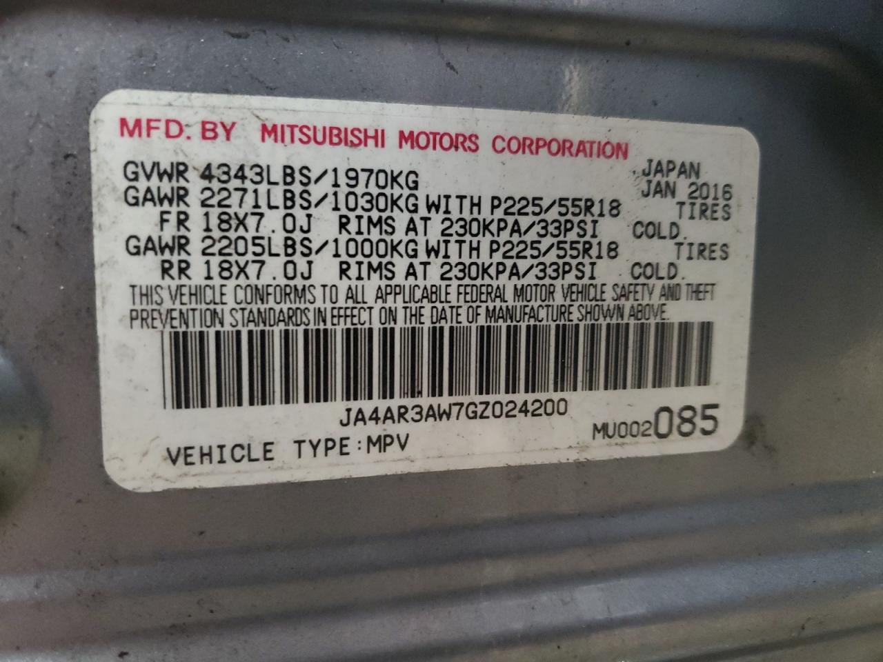 2016 Mitsubishi Outlander VIN JA4AR3AW7GZ024200 Copart auction photo, front end damage thumbnail 14
