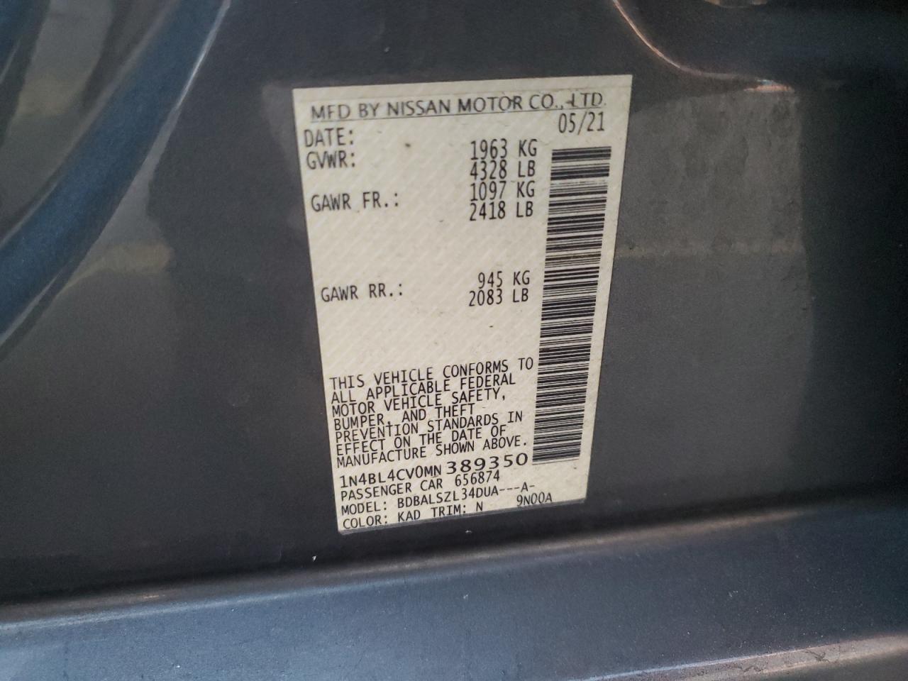 2021 Nissan Altima VIN 1N4BL4CV0MN389350 Copart auction photo, front end damage thumbnail 13