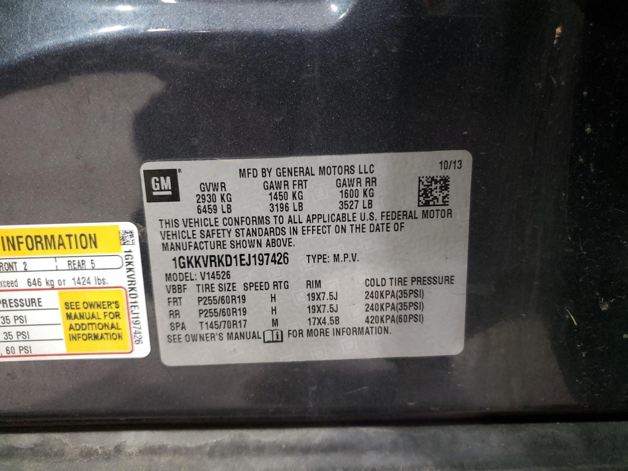 2014 GMC Acadia VIN 1GKKVRKD1EJ197426 Copart auction photo, front end damage thumbnail 13