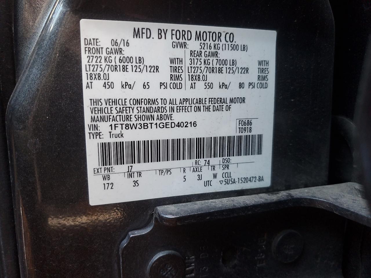2016 Ford F350 VIN 1FT8W3BT1GED40216 Copart auction photo, side / rear end damage thumbnail 13