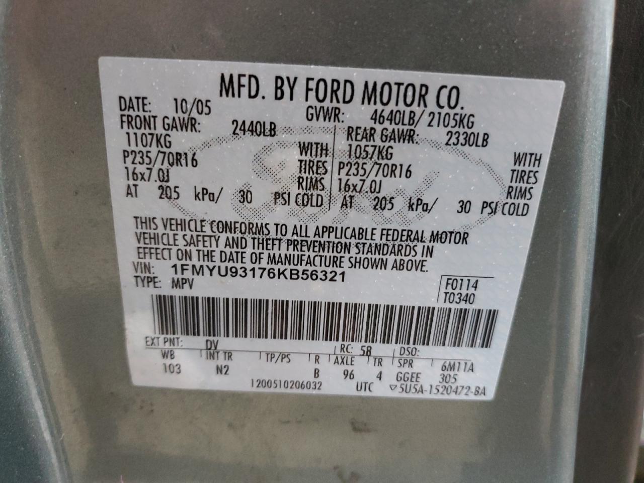 2006 Ford Escape VIN 1FMYU93176KB56321 Copart auction photo, front end / minor dent/scratches damage thumbnail 13
