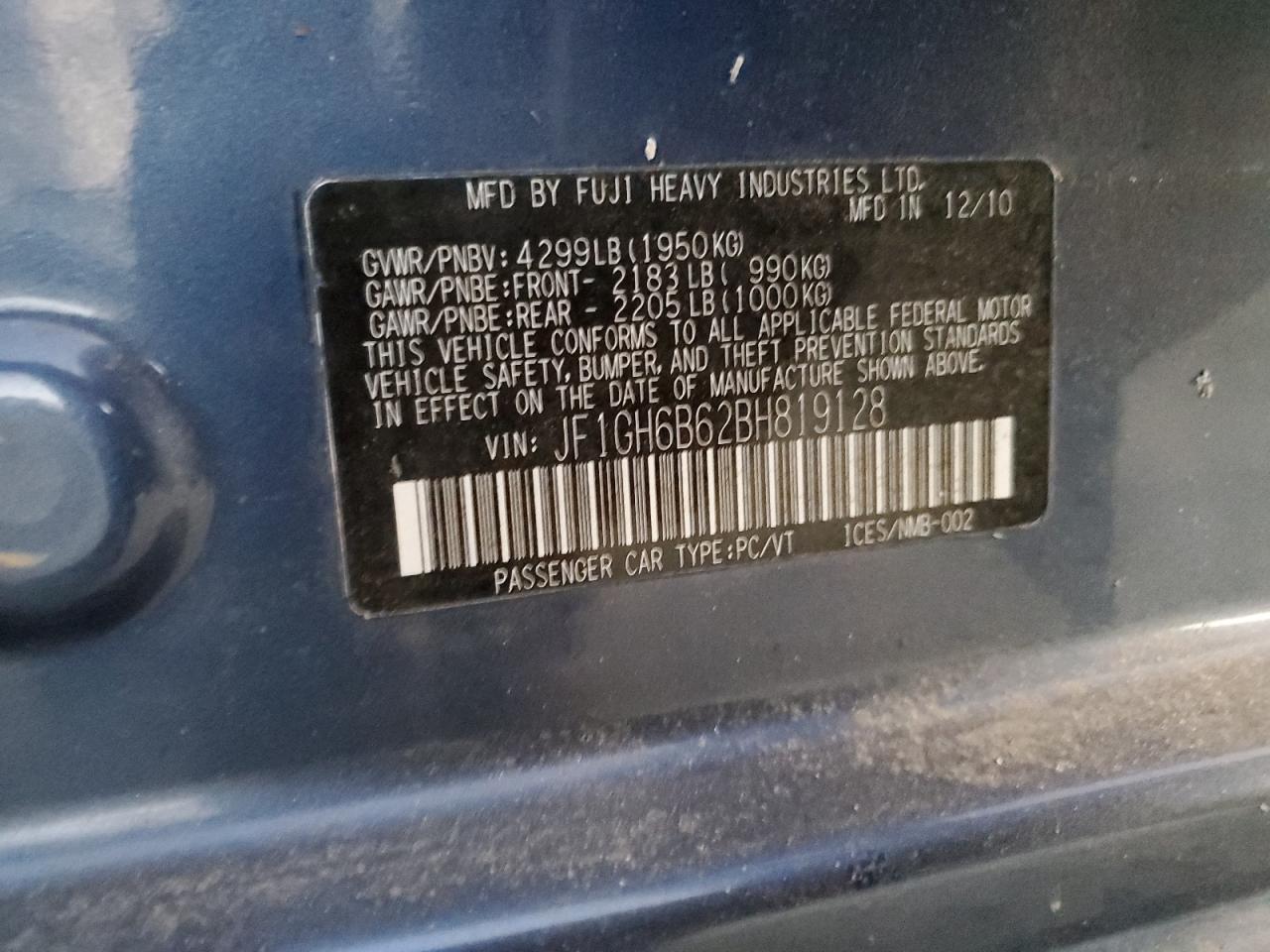2011 Subaru Impreza VIN JF1GH6B62BH819128 Copart auction photo, water/flood damage thumbnail 13