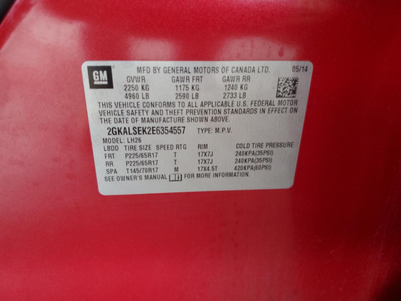 2014 GMC Terrain VIN 2GKALSEK2E6354557 Copart auction photo, front end damage thumbnail 13