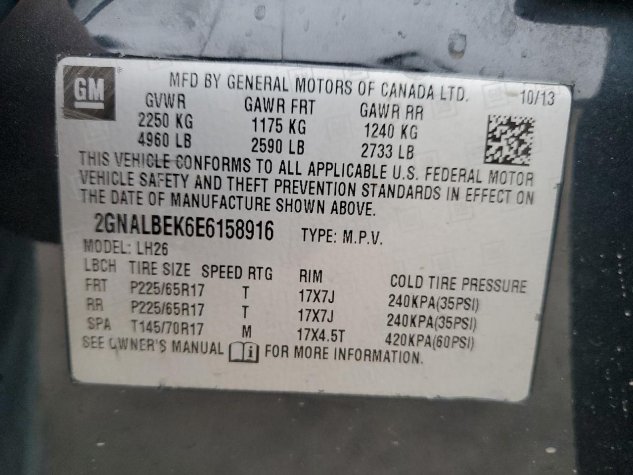 2014 Chevrolet Equinox VIN 2GNALBEK6E6158916 Copart auction photo, front end damage thumbnail 12
