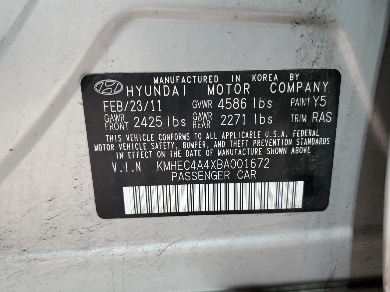 2011 Hyundai Sonata VIN KMHEC4A4XBA001672 Copart auction photo, hail damage thumbnail 12
