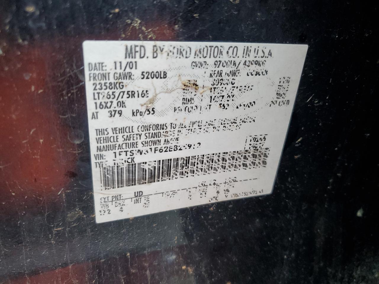 2002 Ford F350 VIN 1FTSW31F62EB25912 Copart auction photo, all over damage thumbnail 12