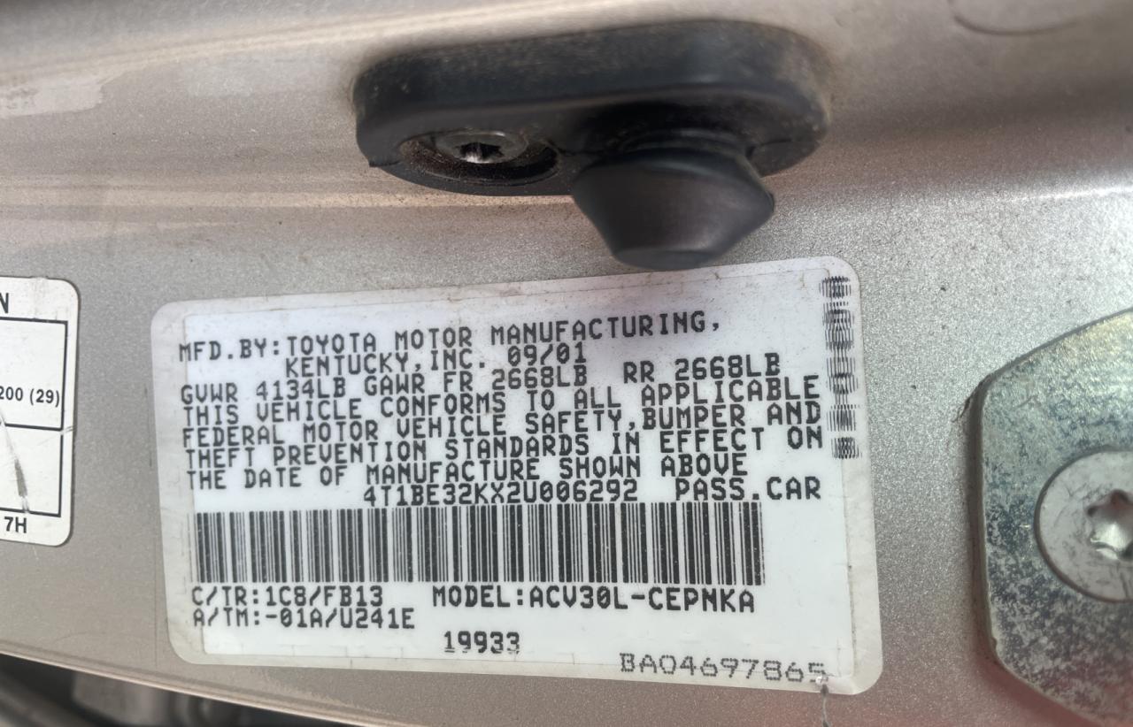 2002 Toyota Camry VIN 4T1BE32KX2U006292 Copart auction photo, minor dent/scratches / normal wear damage thumbnail 10
