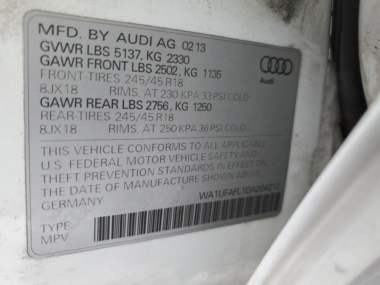2013 Audi A4 VIN WA1UFAFL1DA204212 Copart auction photo, undercarriage / side damage thumbnail 14