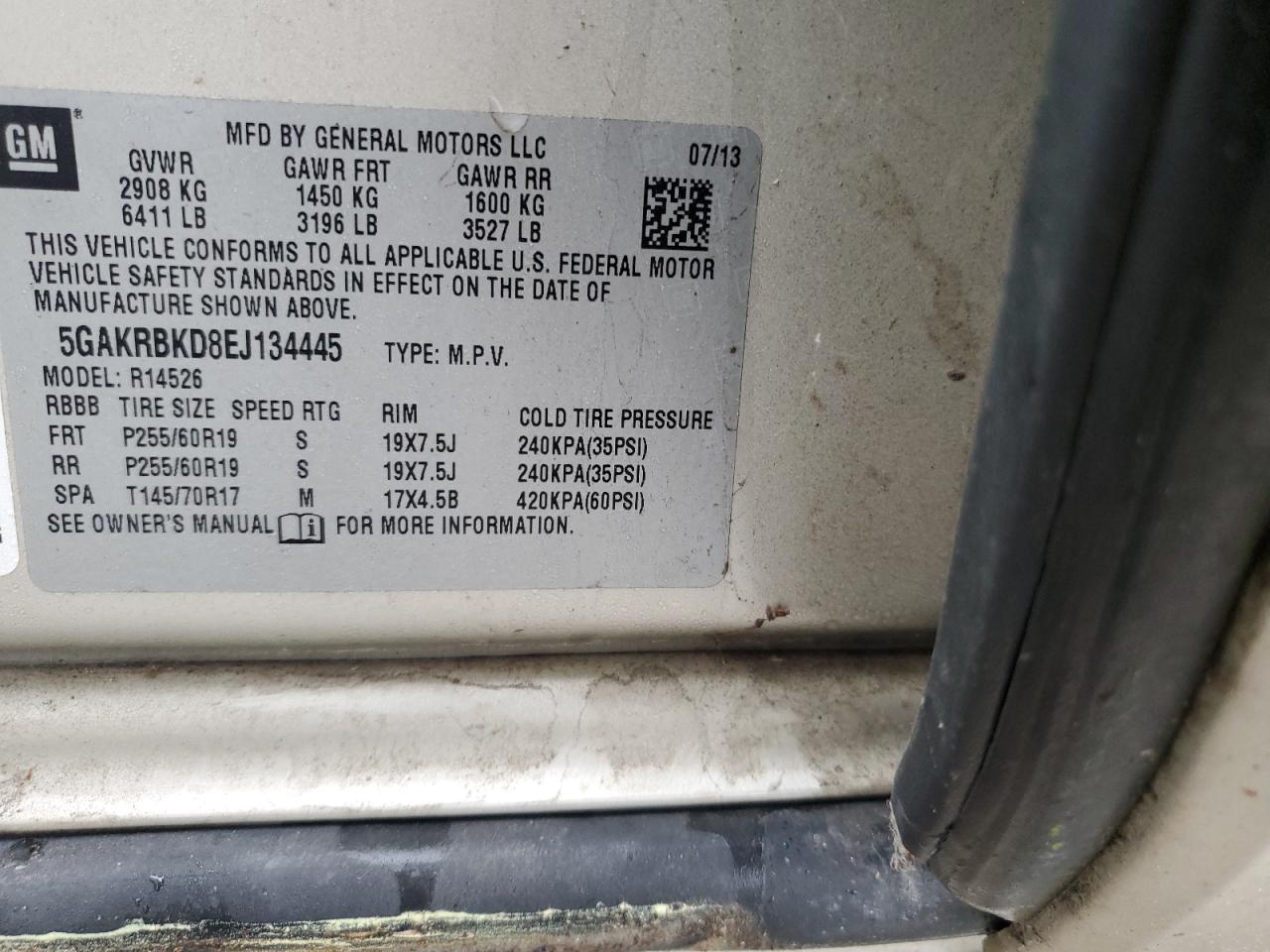 2014 Buick Enclave VIN 5GAKRBKD8EJ134445 Copart auction photo, front end damage thumbnail 14