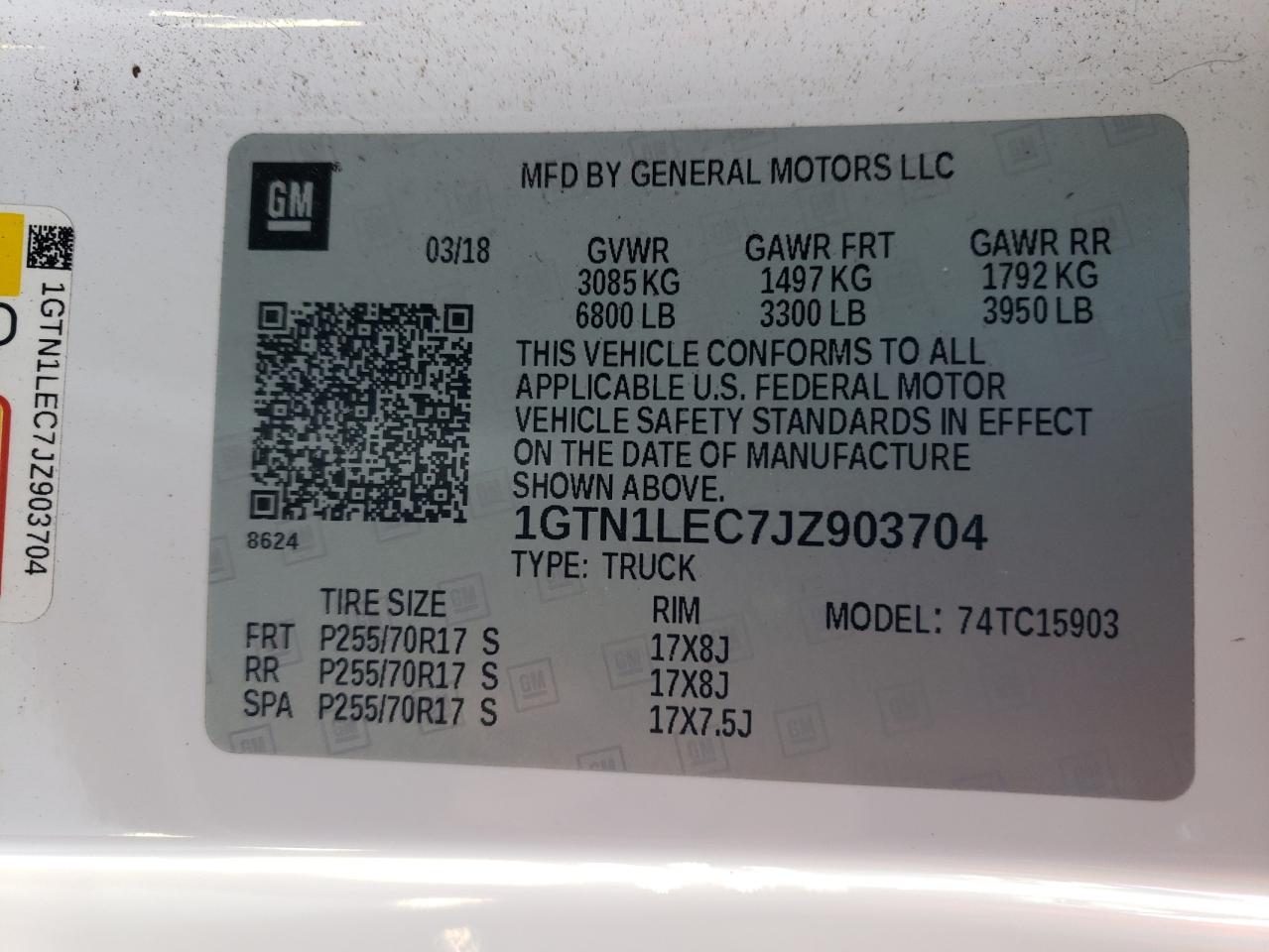 2018 GMC Sierra VIN 1GTN1LEC7JZ903704 Copart auction photo, rear end damage thumbnail 12
