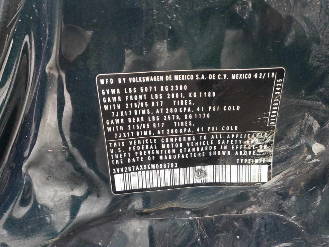 2019 Volkswagen Tiguan VIN 3VV2B7AX9KM098793 Copart auction photo, side damage thumbnail 15