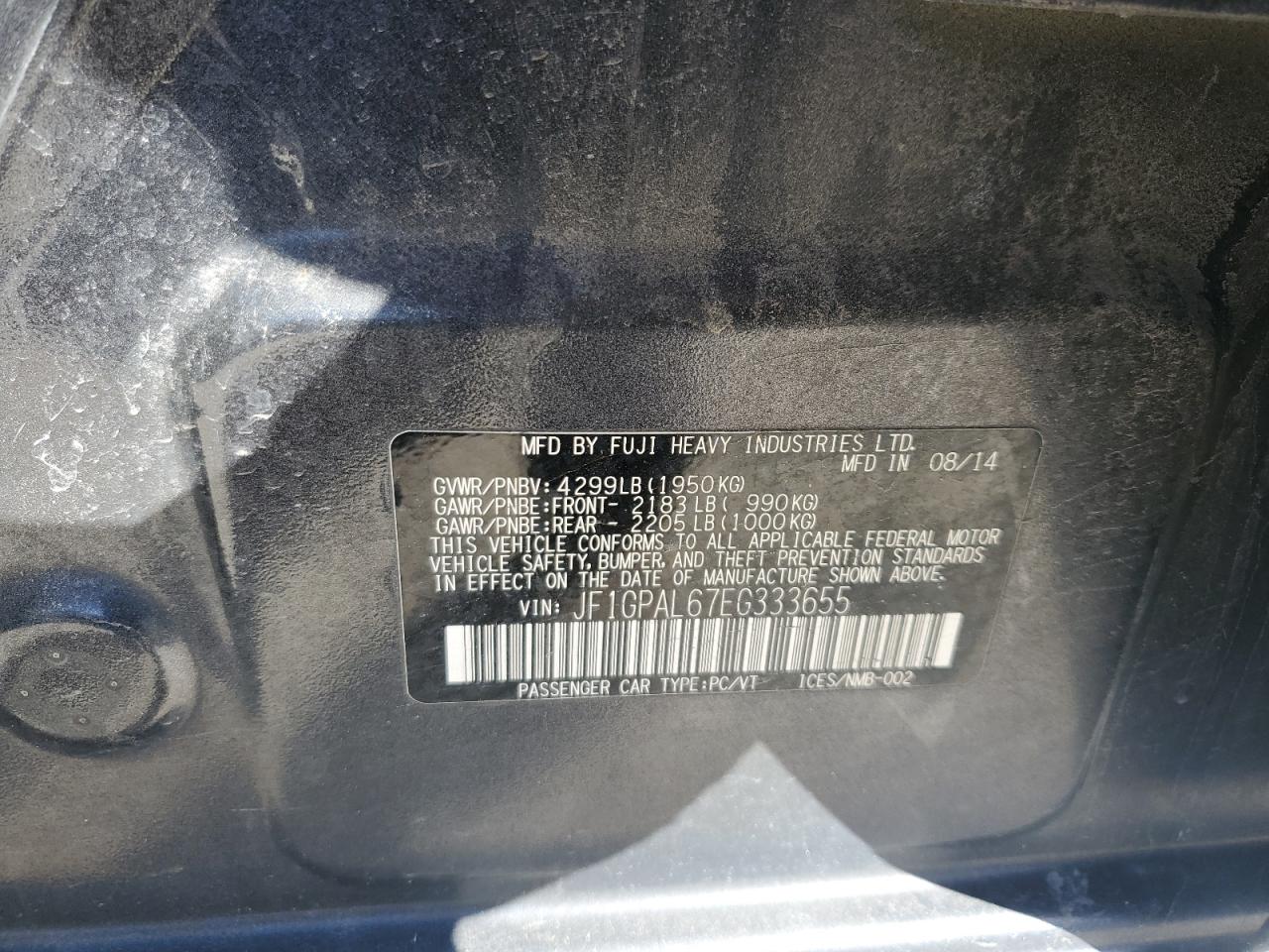 2014 Subaru Impreza VIN JF1GPAL67EG333655 Copart auction photo, front end damage thumbnail 12