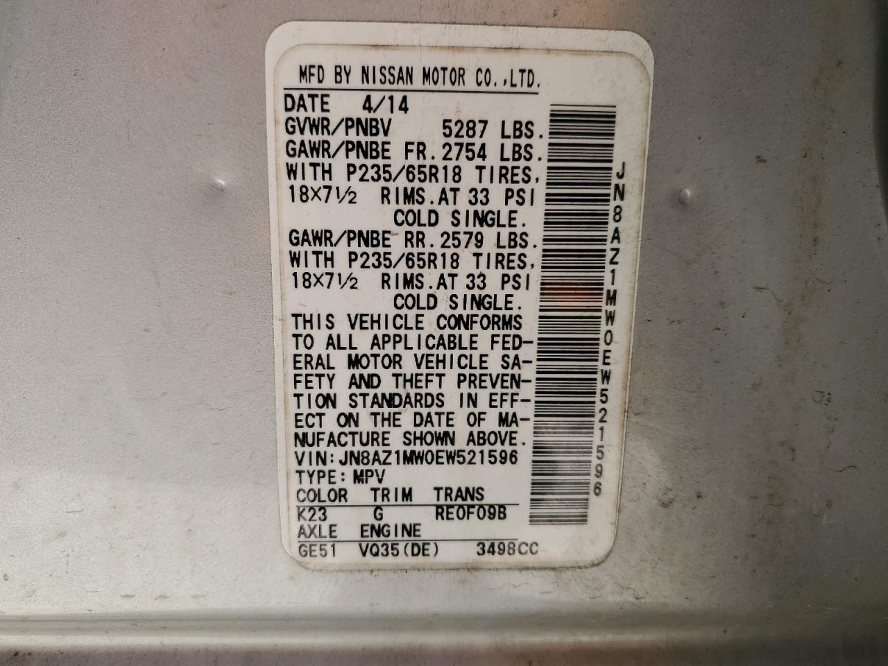 2014 Nissan Murano VIN JN8AZ1MW0EW521596 Copart auction photo, front end damage thumbnail 16