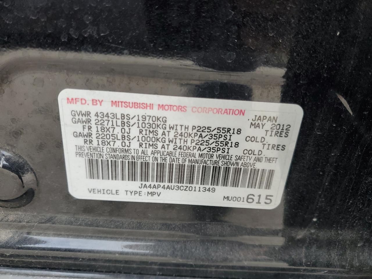 2012 Mitsubishi Outlander VIN JA4AP4AU3CZ011349 Copart auction photo, front end / minor dent/scratches damage thumbnail 12