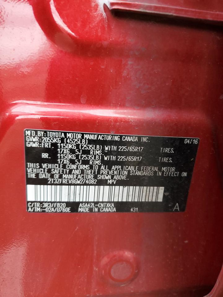 2016 Toyota RAV 4 VIN 2T3ZFREV8GW274082 Copart auction photo, front end / side damage thumbnail 13