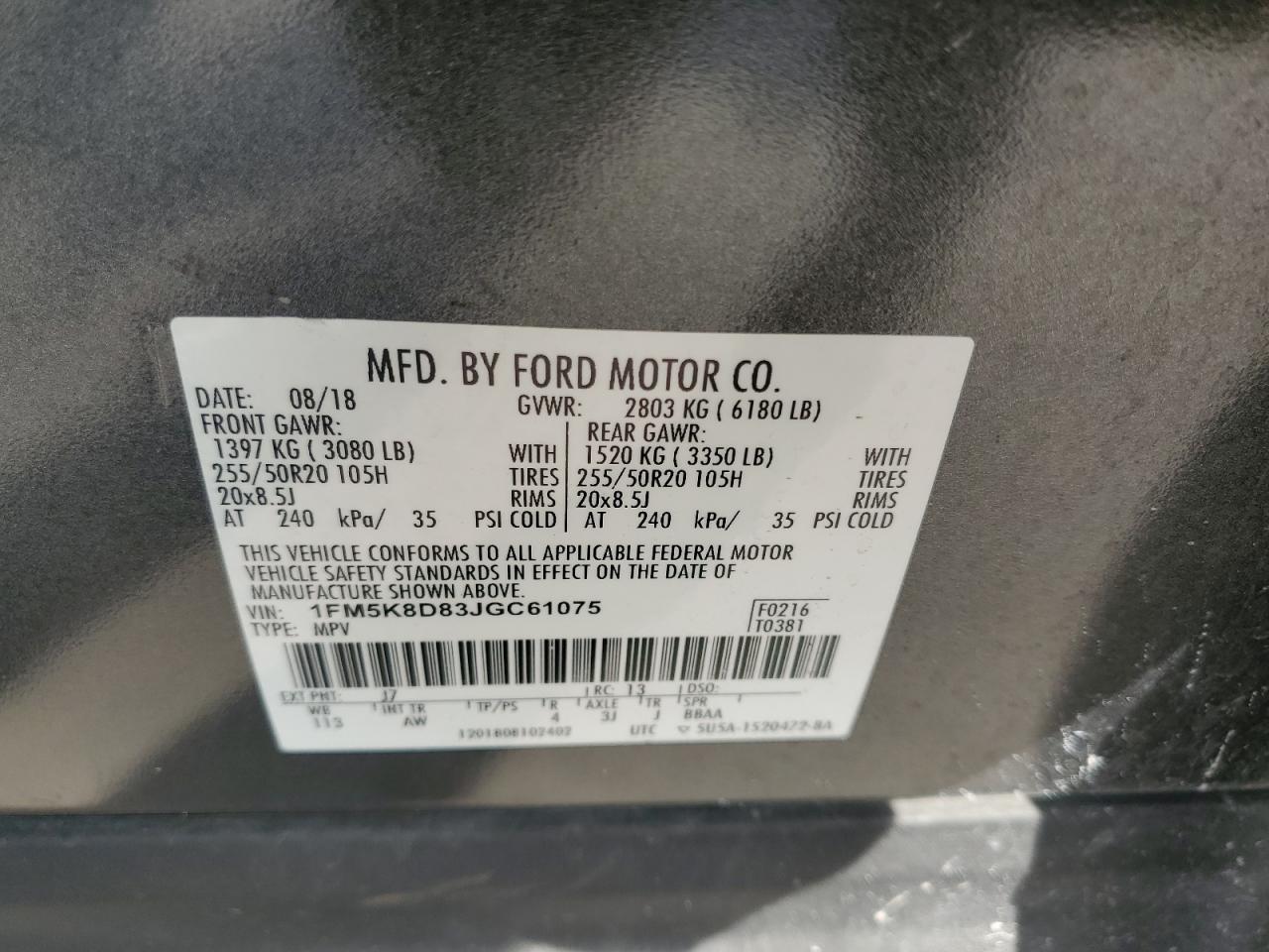2018 Ford Explorer VIN 1FM5K8D83JGC61075 Copart auction photo, side / minor dent/scratches damage thumbnail 13