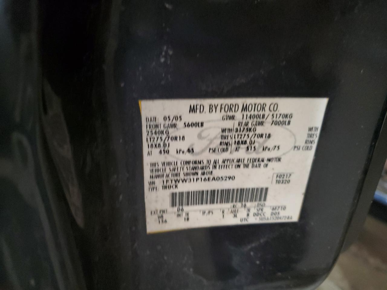 2006 Ford F350 VIN 1FTWW31P16EA05290 Copart auction photo, side / front end damage thumbnail 12