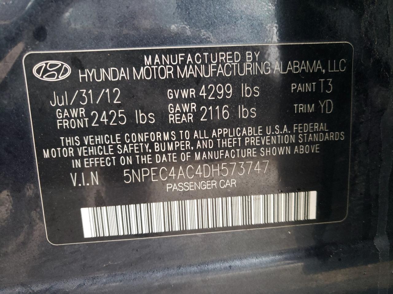 2013 Hyundai Sonata VIN 5NPEC4AC4DH573747 Copart auction photo, front end / side damage thumbnail 13
