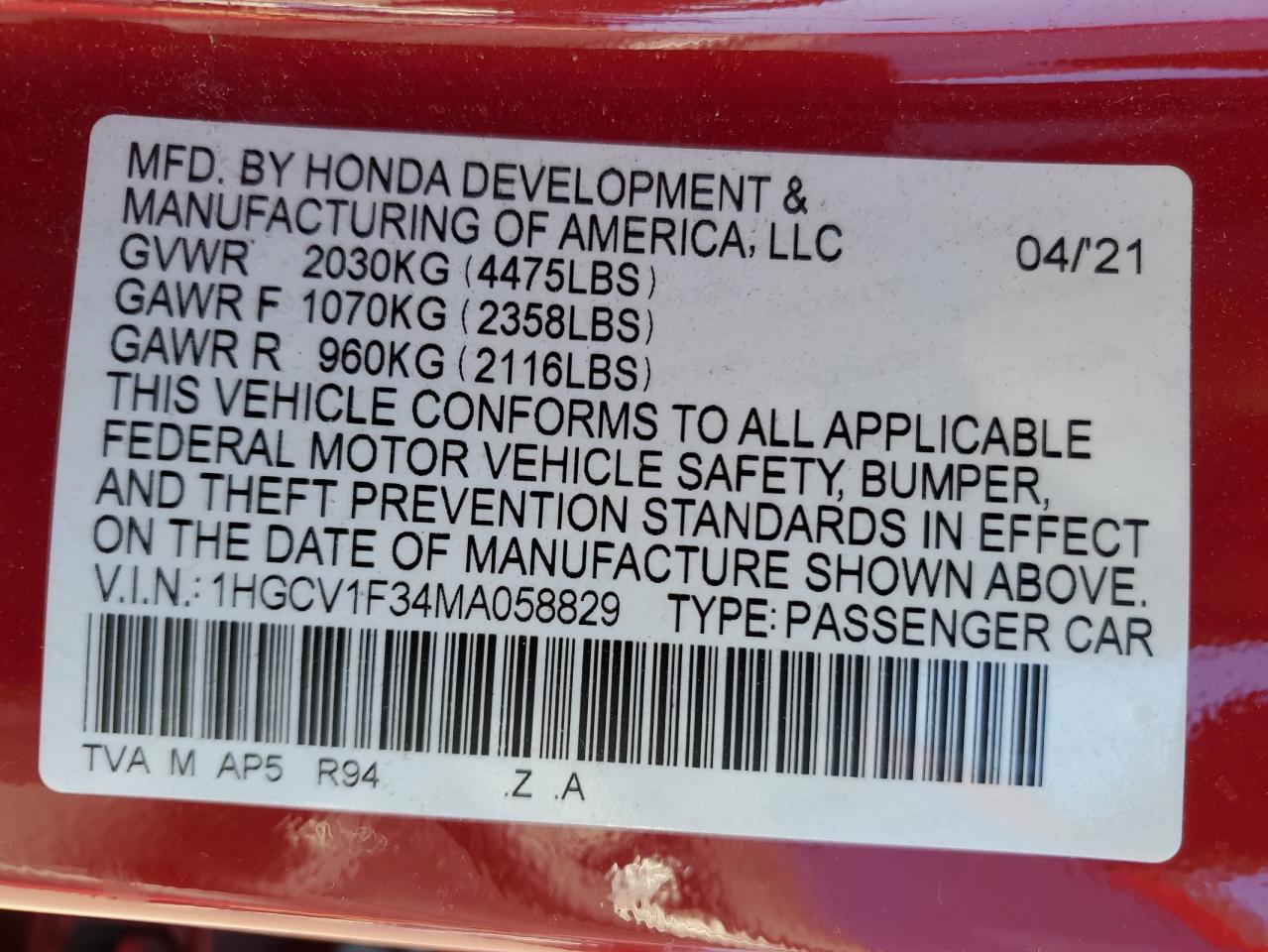 2021 Honda Accord VIN 1HGCV1F34MA058829 Copart auction photo, front end damage thumbnail 12