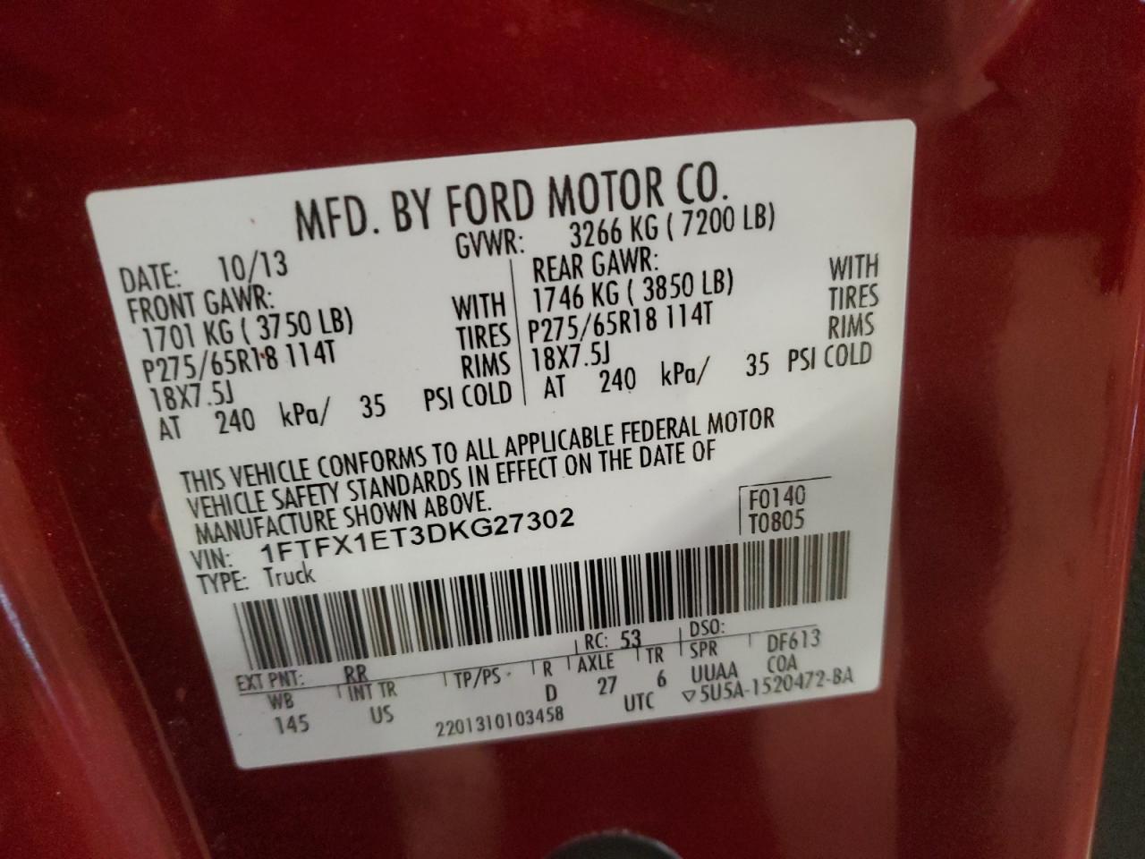 2013 Ford F-150 VIN 1FTFX1ET3DKG27302 Copart auction photo, front end damage thumbnail 12