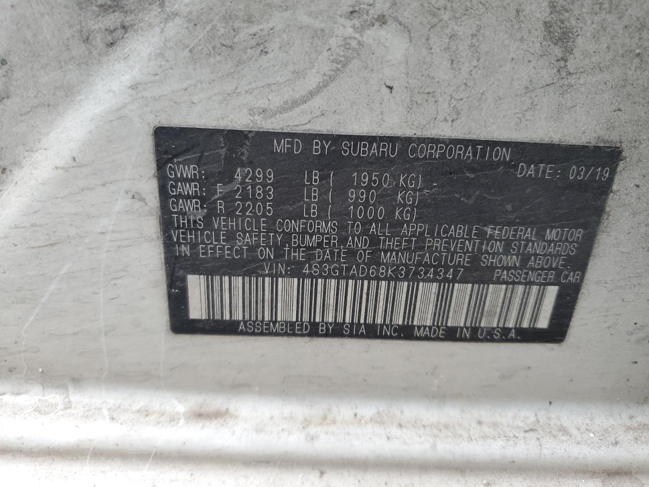 2019 Subaru Impreza VIN 4S3GTAD68K3734347 Copart auction photo, side / front end damage thumbnail 12