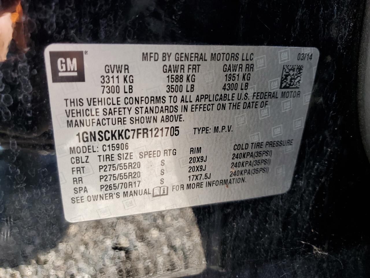 2015 Chevrolet Suburban VIN 1GNSCKKC7FR121705 Copart auction photo, front end / minor dent/scratches damage thumbnail 12